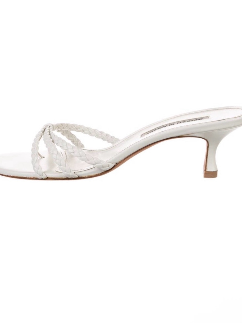 Manolo Blahnik White Braided Kitten Heel Sandal